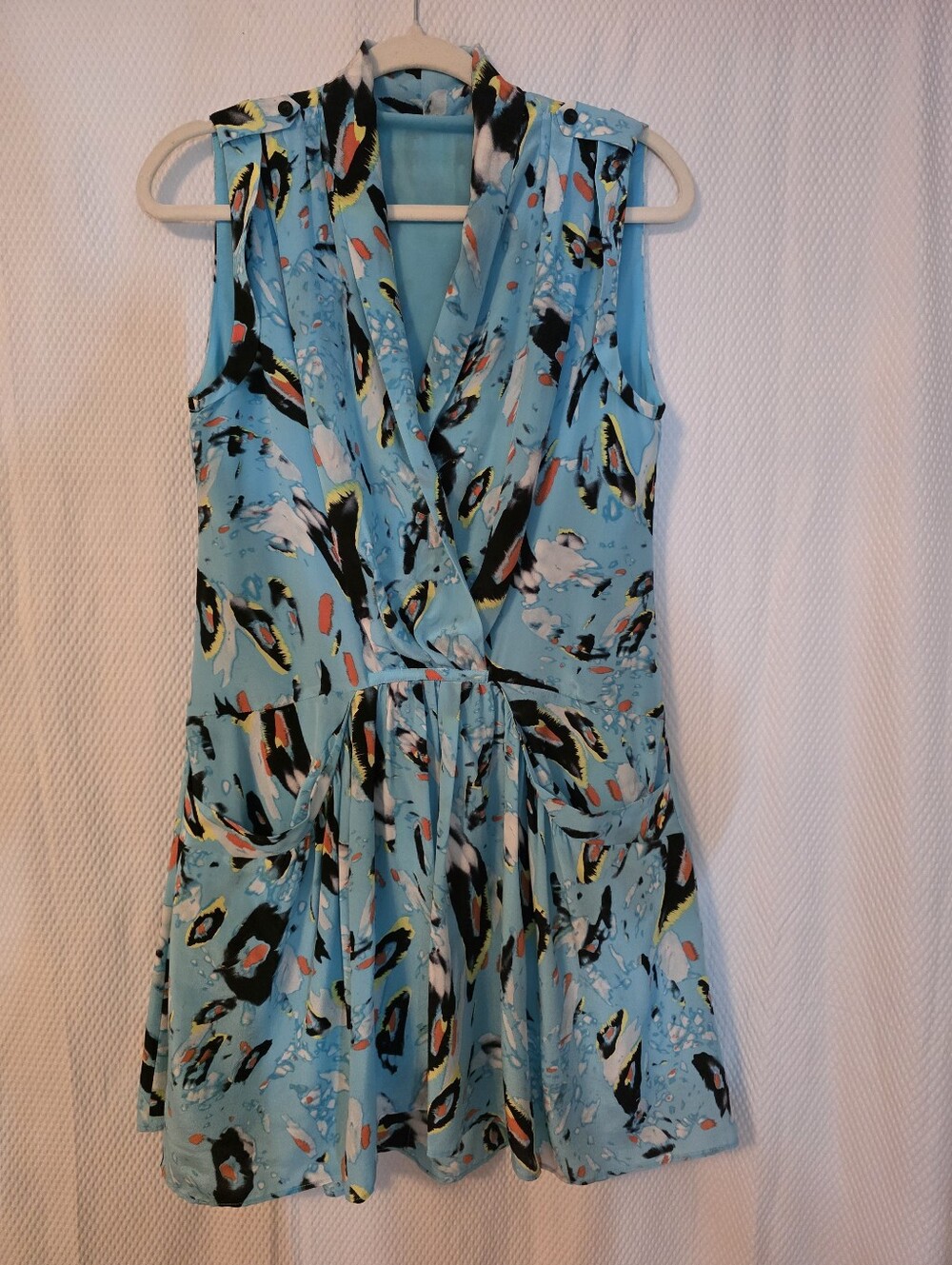 Rebecca Minkoff 100% Silk Faux Wrap Dress, Blue Abstract Print, Size XS, Excelle
